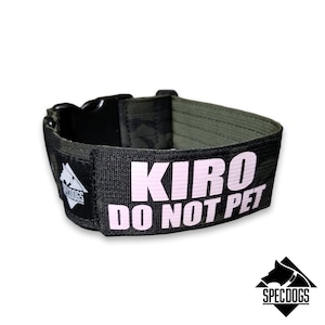 May include: A black and green camouflage dog collar with a pink "KIRO DO NOT PET" patch.