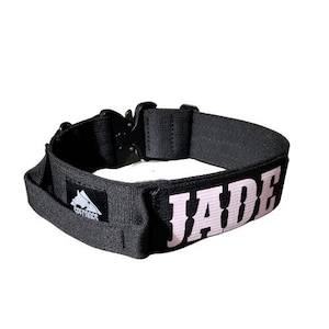 Könnte beinhalten: Schwarzes Hundehalsband mit einer schwarzen Schnalle und einem rosa Patch, auf dem "JADE" in weißen Buchstaben steht. Das Halsband hat einen schwarzen Patch mit den Worten "COFTY DOGS" in weißen Buchstaben.