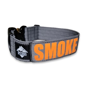 Pode incluir: Coleira de cão cinza com um remendo laranja "SMOKE" e um remendo preto com uma silhueta de cão branca e o texto "SPECDOGS".