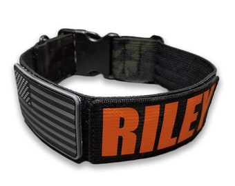 Tactical Black 2" Dog Collar with Quick Release Plastic Buckle, Name Patch and Flag