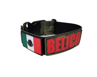 Tactical Dog Collar Green Camo Mexican Flag edition with quick release value line buckle and personalized patch