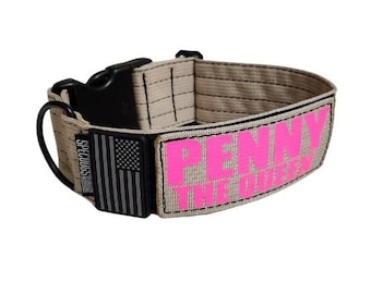 Tactical 2" Dog Collar with Quick Release Plastic Buckle, 2 line Name Patch and Flag