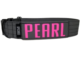 Personalized Dog Collar Wolf Gray with Personalized Name in Sicario font.