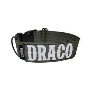 May include: Olive green dog collar featuring the name "DRACO" in large white block letters. The collar has a black plastic buckle and a metal D-ring. The brand name "SPECDOGS" is printed on the side.