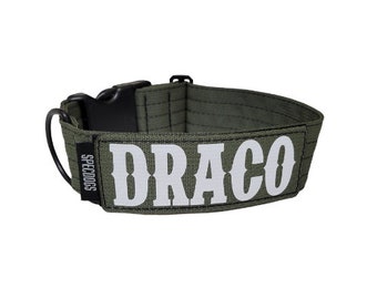 Tactical Custom 2" Dog Collar with  Western Font Personalized Name Tag Patch Included Army Green