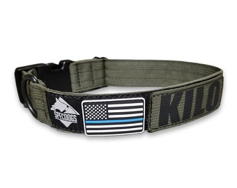 Military Style 1.5" Collar with Blue Line Flag Army Green with Plastic Side Release Buckle