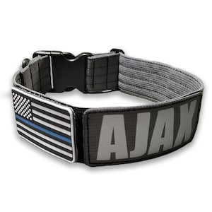 Può includere: Un collare per cani regolabile grigio con una fibbia nera e una toppa con la bandiera americana con una sottile linea blu. Il collare ha anche una toppa grigia con la parola "AJAX" stampata in bianco.