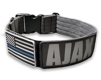 Tactical Blue Line 2" Gray Dog Collar with Quick Release Plastic Buckle, Name Patch and Flag