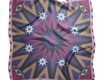 Lenço bandana de cetim: estampa de estrelas e olhos, presente para meninas da moda