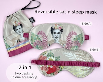 Masque de sommeil en satin Frida, ensemble de couchage pour femme, masque de nuit, masque de sommeil lesté avec sac, masque de sommeil bloquant la lumière, cadeaux mexicains