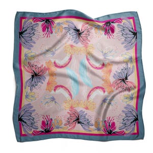 Floral Satin Square Scarf: Pink Designer Neckerchief