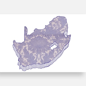May include: A decorative print of the South Africa map in a light purple floral pattern with a dark purple outline and shadow. The artwork is on a white background.