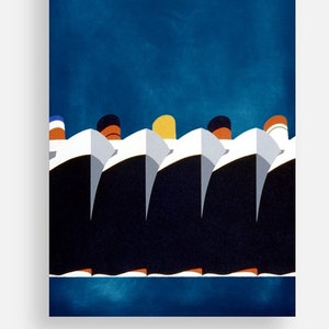 May include: A print featuring a row of stylized ships against a deep blue background. The ships have black hulls, white superstructures, and colorful smokestacks in red, yellow, and blue. The artwork has a vintage, travel-poster aesthetic.