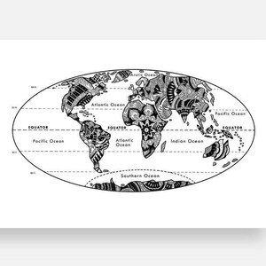 May include: A black and white illustration of the world map with intricate patterns and lines. The map includes the names of the oceans and the equator.