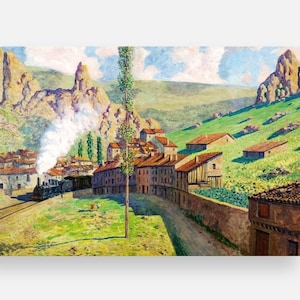Peut inclure: Une peinture représentant un petit village niché dans une vallée, avec un train qui traverse. Le village est composé de bâtiments bruns avec des toits en tuiles rouges. Le train est noir avec de la fumée blanche qui s'échappe de sa cheminée. La vallée est verte et luxuriante, avec des falaises rocheuses en arrière-plan.
