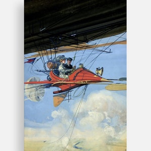 May include: A red and gold vintage-style flying machine with two people in the cockpit. The machine is flying through the clouds with a blue sky in the background.