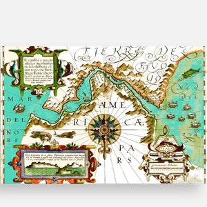 May include: Antique map of the Americas, featuring detailed illustrations and text in Latin. The map is in shades of beige, teal, and brown, with a compass rose at the center. Decorative frames and illustrations of sea creatures and ships add to the vintage aesthetic.