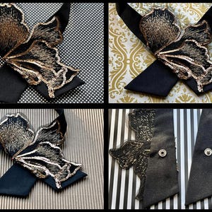 Puede incluir: Pajarita negra con un adorno en forma de mariposa. El dise&ntilde;o de la mariposa presenta intrincados bordados dorados y negros. La pajarita est&aacute; hecha de una tela oscura y es adecuada para eventos formales.