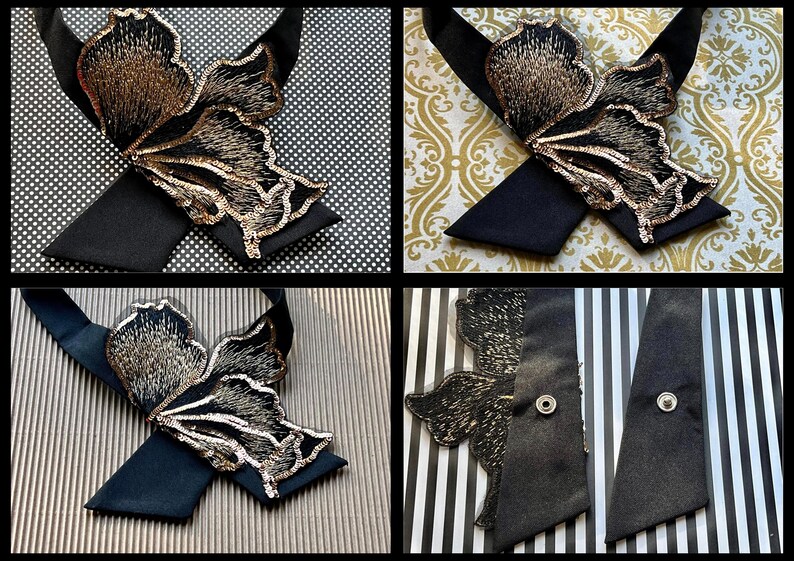 Puede incluir: Pajarita negra con un adorno en forma de mariposa. El dise&ntilde;o de la mariposa presenta intrincados bordados dorados y negros. La pajarita est&aacute; hecha de una tela oscura y es adecuada para eventos formales.