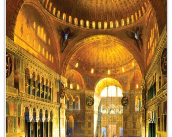 Puede incluir: Una representación artística de un gran espacio interior ornamentado, probablemente una catedral o mezquita, con una gran cúpula y numerosos arcos. La obra de arte presenta tonos cálidos y dorados y representa a muchas personas.