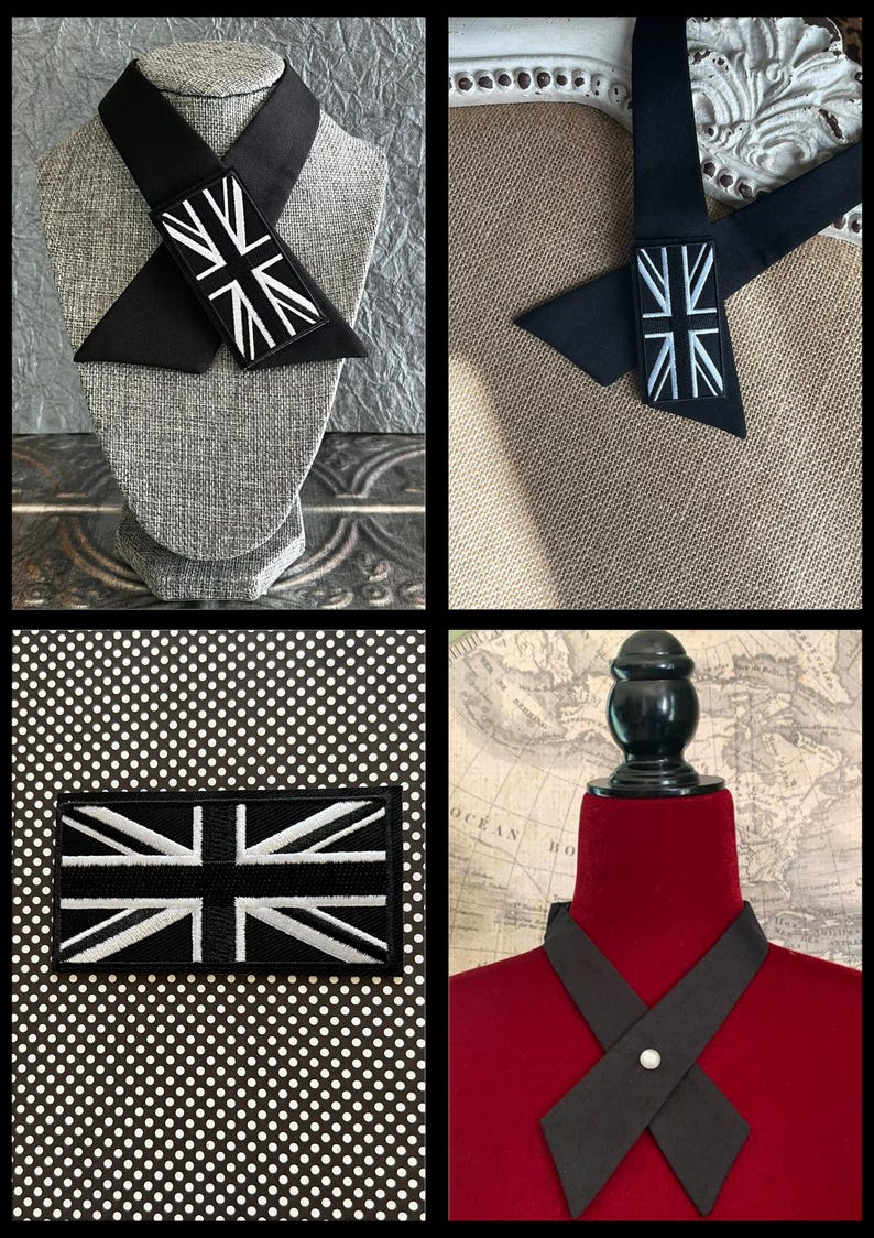 K&ouml;nnte beinhalten: Eine Auswahl an schwarzen Accessoires mit der Union Jack-Flagge. Dazu geh&ouml;ren ein schwarzer Kragen mit Union Jack-Aufn&auml;her, eine schwarze Krawatte mit Union Jack-Aufn&auml;her und ein Union Jack-Aufn&auml;her auf gepunktetem Hintergrund.