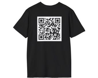 May include: Black t-shirt with a white QR code graphic on the back. The QR code is a square made up of smaller black and white squares. The t-shirt has short sleeves and a crew neck.