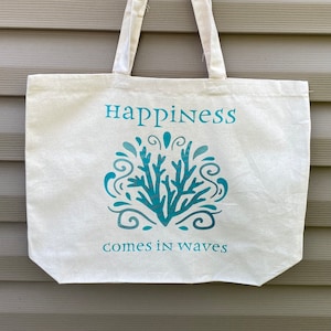 Coral Tote Bag Large Size, Happiness Comes In Waves, Grocery Bag, Beach Bag