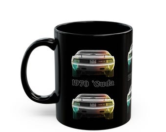 1970 Cuda Muscle Car Mug | Black Glossy Ceramic | Plymouth AAR 'Cuda Gift | Coffee Mug (11oz, 15oz) Car Enthusiast Gifts