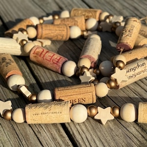 Handmade Repurposed Wine Cork Garland with Gold Wood Star Beads | Eco-Friendly Home Decor | 6 Feet Long