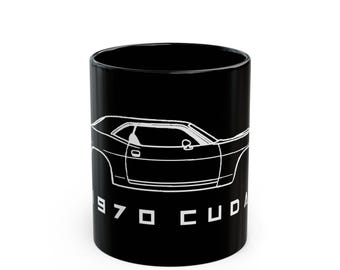 1970 Plymouth Cuda Black Mug | Classic Muscle Car Wraparound Design for Mopar Fans & Gearheads | 11oz or 15oz SandersonsGarage