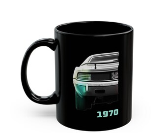 1970 Plymouth Cuda Mug | Split Vintage Muscle Car Design on Black Ceramic | Retro Car Lover Gift in 11oz or 15oz