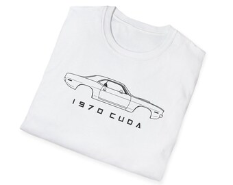 1970 Cuda Muscle Car T-Shirt | Minimalist Line Art Graphic Tee for Classic Racing Car Fans | Retro Cotton Shirt for Gearheads
