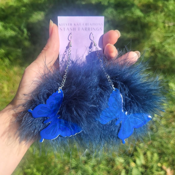 Butterfly Stash Earrings - Fuzzy Festival Earrings, Rave Earrings, Fluff Earrings, Marabou Earrings, Pom Pom Earrings, Hidden Storage