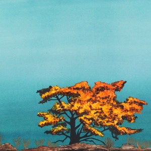 Arte originale dell'albero dell'acquerello - Pittura della natura tranquilla - Decorazione artistica con tecnica mista - Arte murale unica della serenità