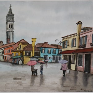 Watercolor painting,Watercolor,Watercolor art,Original painting,Original art,Aquarelle,Home decor,Wall hanging,A rainy day in Burano,Italy,