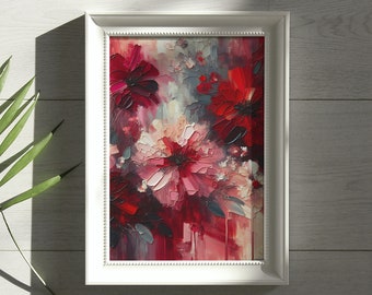 May include: A framed painting of red and pink flowers with a textured, abstract background. The flowers are painted in a realistic style, with visible brushstrokes.