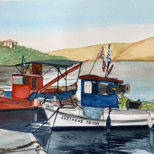 Watercolor Fishing Boats Original Art: Unique Aquarelle Wall Hanging for Home Decor, Original Painting, Nautical Wall Art, Coastal Wall Art
