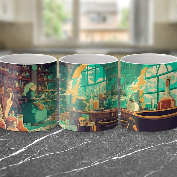 Fantasy Alchemist Lab Potion Making Art Mug, Unique Wizard Gift, Enchanted Magic Kitchen Decor Coffee Cup