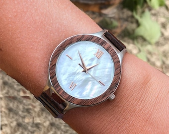 Wood & Steel Ladies Watch with Mother of Pearl Face