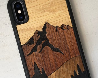 Custodia per telefono con intarsi in vero legno e paesaggio montano per iPhone e Samsung