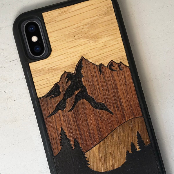 Coque de portable scène de montagne en marqueterie de bois véritable pour iPhone et Samsung