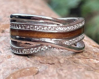 Ladies Silver  Fashion Statement Ring with Walnut Wood inlay