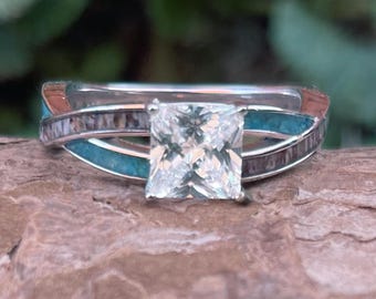 Ladies Silver  Ring with Moissanite Centre Stone and Deer Antler and Turquoise inlay