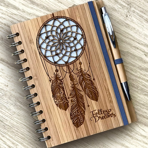 Traumfänger Umweltfreundliches Bambus Notizbuch / Journal mit Recyclingpapier und personalisiertem Stift