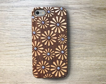Laser Engraved Flower Wood Phone Case with Swarovski Crystals