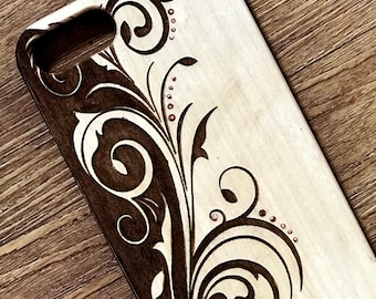 Real Wood Phone Case with Vintage Swirl Design and inset crystals