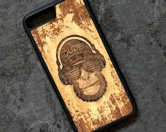 Laser Engraved Wood Phone Case: Cool Dude Monkey, iPhone & Samsung