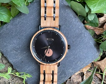 Men's Olive Wood Watch, Black Steel Casing, Personalized Gift