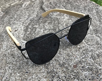 Metal Rim Sunglasses With Solid Bamboo Arms & Optional Personalised Engraved Name / Initials