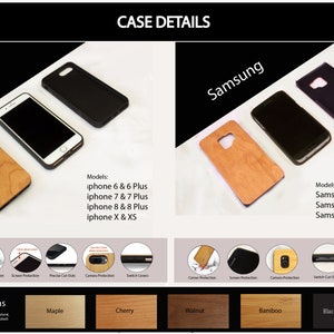 May include: A comparison of phone cases for iPhone and Samsung models. The cases are made of wood and feature different wood options, including maple, cherry, walnut, bamboo, and black lacquer. The cases are designed to protect the phone from scratches and bumps. The image also shows the different features of the cases, such as magnetic closure, corner protection, screen protection, precise cutouts, camera protection, and switch cover.
